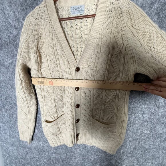Vintage Men's 100% Cream Wool Cable Knit Cardigan Fisherman V Neck Coastal M - Picture 7 of 8